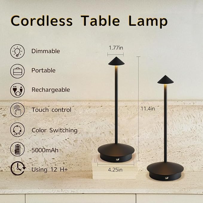 LED Cordless Table Lamps, Portable Rechargeable 6000mAh Outdoor Lights, 3 Color Stepless Dimming Battery Powered Bedside Lamp,wireless Touch Desk Lamp For Bedroom/Kitchen Lamp/Camping/Patio(Black）