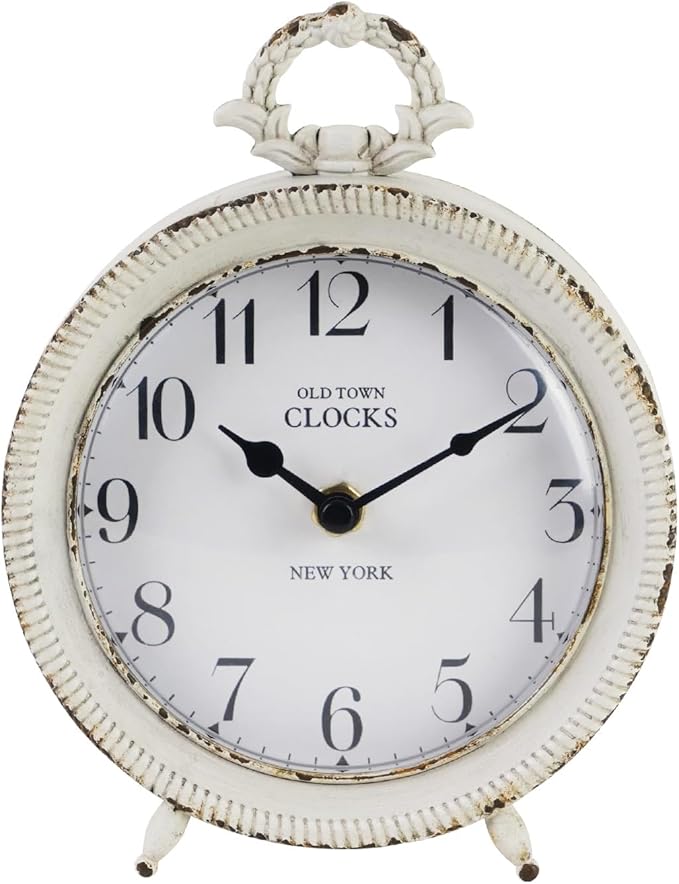 NIKKY HOME Table Clock, Vintage Desk Clock, Antique White Finish Table Clocks, Non-Ticking Battery Operated Decorative Shelf Clock for Living Room Bedroom Gift Clocks