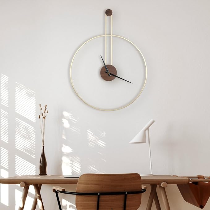 Modern Wall Clock, Large 21.7''×28.7'', Walnut Dial, Silent Non-Ticking Metal Clock for Home Decor, Gold