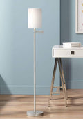 360 Lighting Modern Swing Arm Floor Lamp Adjustable Standing Base 60.5" Tall Brushed Nickel Silver White Cotton Fabric Cylinder Shade for Living Room Reading House Bedroom