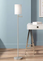 360 Lighting Modern Swing Arm Floor Lamp Adjustable Standing Base 60.5" Tall Brushed Nickel Silver White Cotton Fabric Cylinder Shade for Living Room Reading House Bedroom