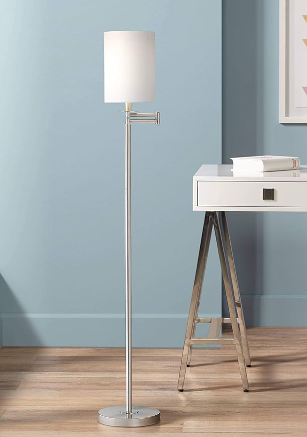 360 Lighting Modern Swing Arm Floor Lamp Adjustable Standing Base 60.5" Tall Brushed Nickel Silver White Cotton Fabric Cylinder Shade for Living Room Reading House Bedroom