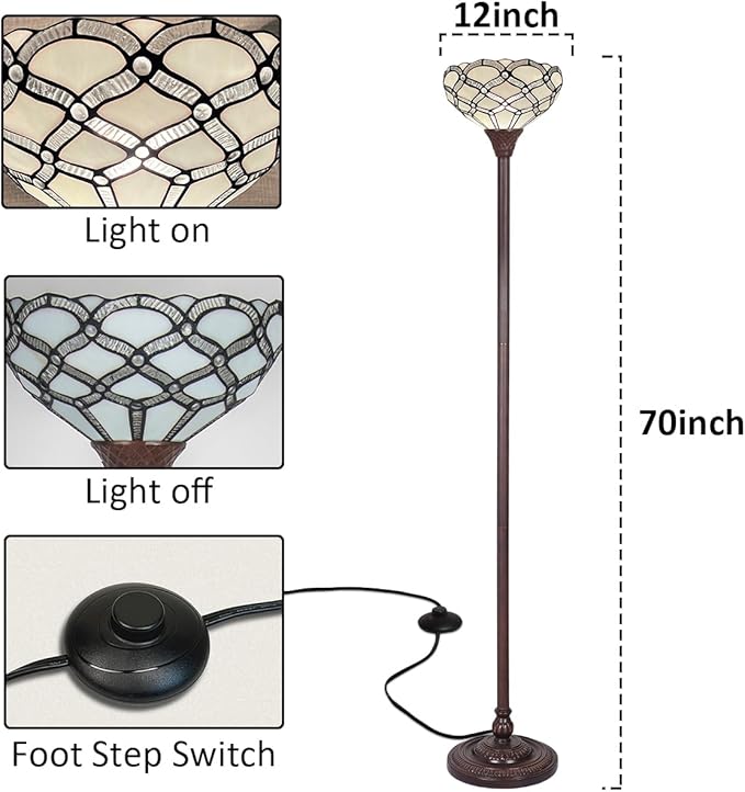 Tiffany Torchiere Floor Lamp,Handcrafted Stained Glass Lamp Shade,Antique Style Standing Corner Light for Living Room and Bedroom