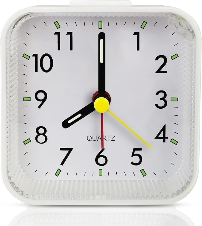 Small White Kids Desk Battery Alarm Clock, Analog Travel Clock, Quieter Bedside Clocks for Bedrooms Bathroom Living Room Kitchen Shelf