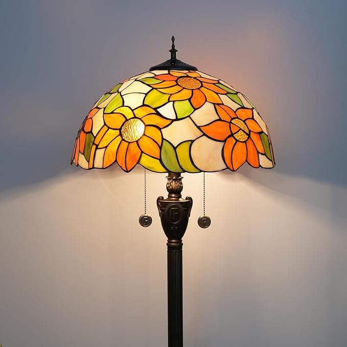 Tiffany Floor Lamp Sunflower Yellow Stained Glass Floor Light Bright Lighting Rustic Standing Lamp Vintage Unique Bronze Reading Corner Lamp for Home Decor Living Room Bedroom 16X16X64 Inches