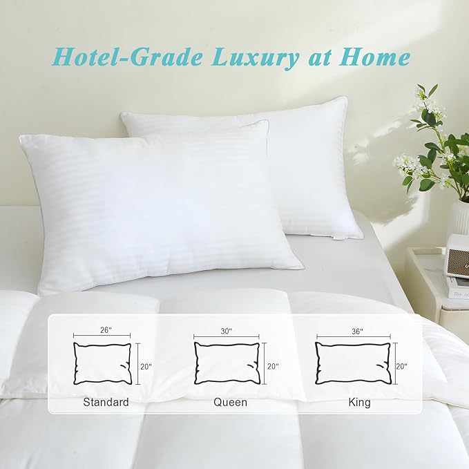 Bed Pillows Queen Size Set of 2-100% Cotton Cover, Down Alternative Gel Polyfill Filled, Flat Soft Medium Adjustable Hotel-Style Pillow Inserts, 20x30 Inch
