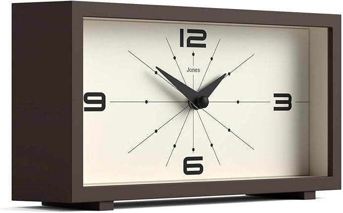 JONES CLOCKS® 'Odeon' Desk Clock | Modern Rectangular Design in Brown, Stylish Retro Look for Shelf, Table, Mantel or Bedside