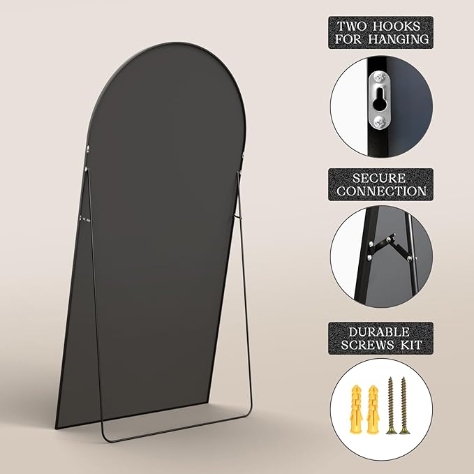 MISSDAY Oversized Arched Full Length Mirror, 83"x44" Black Full Body Mirror with Stand, Floor Mirror Large Free Standing, Leaning or Hanging, Aluminum Frame Mounted Mirrors Wall Mirrors for Bedroom