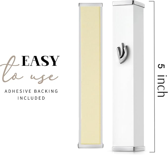 SURI Mezuzah Case for Door with Printed Scroll– 5.5 Inch White Aluminum Jewish Mezuza Cover, Self-Stick Adhesive, Fits a 5 Inch Scroll, Gift Box Included
