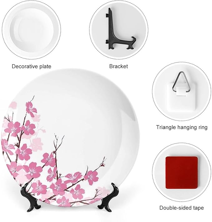 Ceramic Plates, Asian Decor Decorative Ceramic Plates, Japanese Cherry Blossoms with Branches Spring Time, 8 Inch, for Dining, Parties, Wedding, Pink White