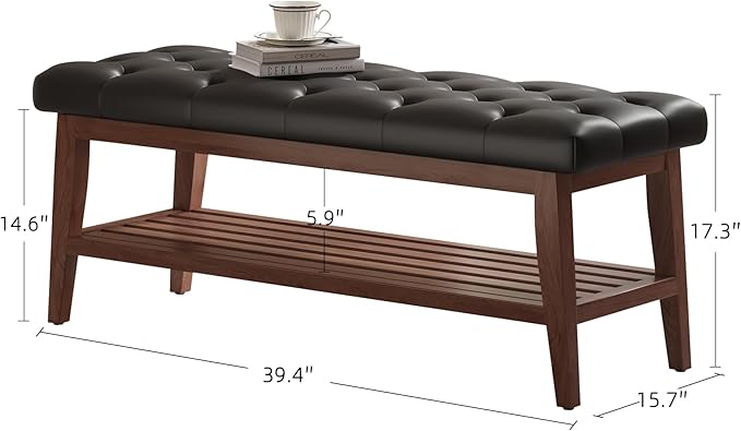 LEILISI Entryway Shoe Bench with Storage, End of Bed Bench, Microfiber Leather Upholstered Button-Tufted Seat Bench with Solid Wood Frame for Living Room, Bedroom (Black, 39.4'')