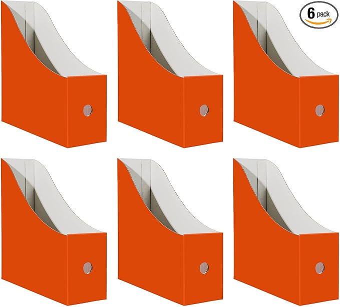 Limitliho Magazine File Folder Holder for Desk, Book Bins for Classroom Library,Office,Home, 10.6" H x 10.2" L x 3.5" W in Cardboard Paper Organizer (Orange Red, 6 Pack)
