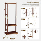 Solid Wood Clothes Rack Coat Rack with 2 Shelves & 4 Hooks for Hanging Clothes Garment Wallets Hats, Clothing Rack Coat Rack Freestanding Hall Tree with Storage for Hallway Bedroom Living Room