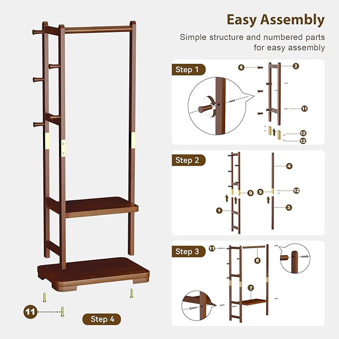 Solid Wood Clothes Rack Coat Rack with 2 Shelves & 4 Hooks for Hanging Clothes Garment Wallets Hats, Clothing Rack Coat Rack Freestanding Hall Tree with Storage for Hallway Bedroom Living Room
