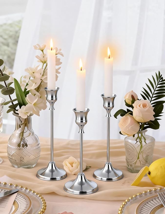 4 Sets(12 Pcs) Silver Tapered Candle Holder,Candlestick Tall Metal Candlestick Holders for Table Centerpiece Home Decor for Wedding Fireplace Mantel Housewarming Gift Fits 3/4 Inch Thick Candles