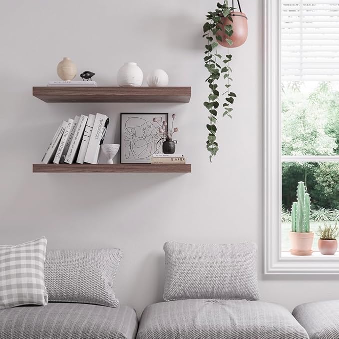 Floating Shelf, Set of 1 Wall Shelf, 36 in W x 12.75 in D x 2 in H Wooden Floating Wall Shelf with Invisible Brackets for Living Room/Bedroom/Bathroom/Kitchen Storage and Decor, Walnut