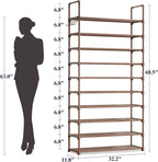 Kitsure Shoe Rack for Closet - 10-Tier Shoe Organizer with Hook Rack, Large-Capacity & Space-Saving Shoe Shelf for Entryway, Bedroom, Living Room,32.2" x 11.8" x 68.5", Brown