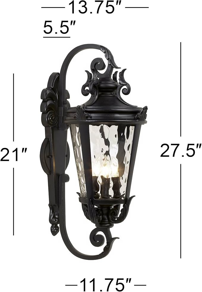 John Timberland Marseille Rustic Vintage Outdoor Wall Light Fixture Textured Black Scroll 27 1/2" Hammered Glass for Exterior House Porch Patio Outside Deck Garage Yard Front Door Garden Home