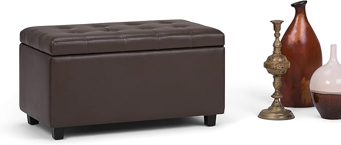 SIMPLIHOME Cosmopolitan Storage Ottoman - 34 inch Wide Upholstered Vegan Leather Rectangle Storage Ottoman Bench in Chocolate Brown, Transitional Tufted Ottoman for Living Room with Lift-Up Lid