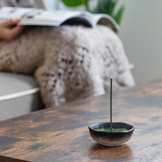 Asayu Japan Traditional Smoke Incense Gift Set with Incense Holder and Brass Stand, Sandalwood & White Sage Blend Incense Sticks with Mini Aquamarine Ceramic Holder