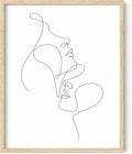 Minimalist Face to Face Wall Art Two Portraits Continuous Line Drawing 8x10 Inch Oak Wood Beige Framed Modern Aesthetic Profile Print for Bedroom Decor