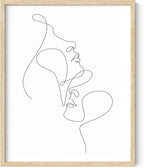 Minimalist Face to Face Wall Art Two Portraits Continuous Line Drawing 8x10 Inch Oak Wood Beige Framed Modern Aesthetic Profile Print for Bedroom Decor