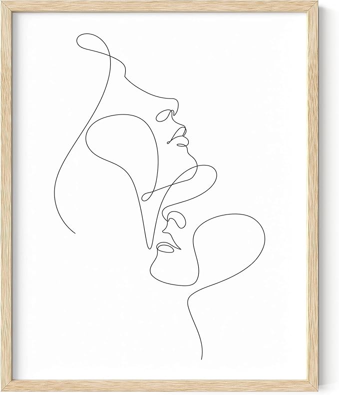 Minimalist Face to Face Wall Art Two Portraits Continuous Line Drawing 8x10 Inch Oak Wood Beige Framed Modern Aesthetic Profile Print for Bedroom Decor