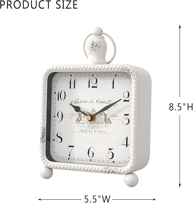 Vintage White Table Clock on Stand, Desk and Shelf Decor Clock, French Rustic Style Mantel Clocks for Farmhouse, Living Room, Bedroom, Bedside, Gift (8.5" H x 5.5" W)