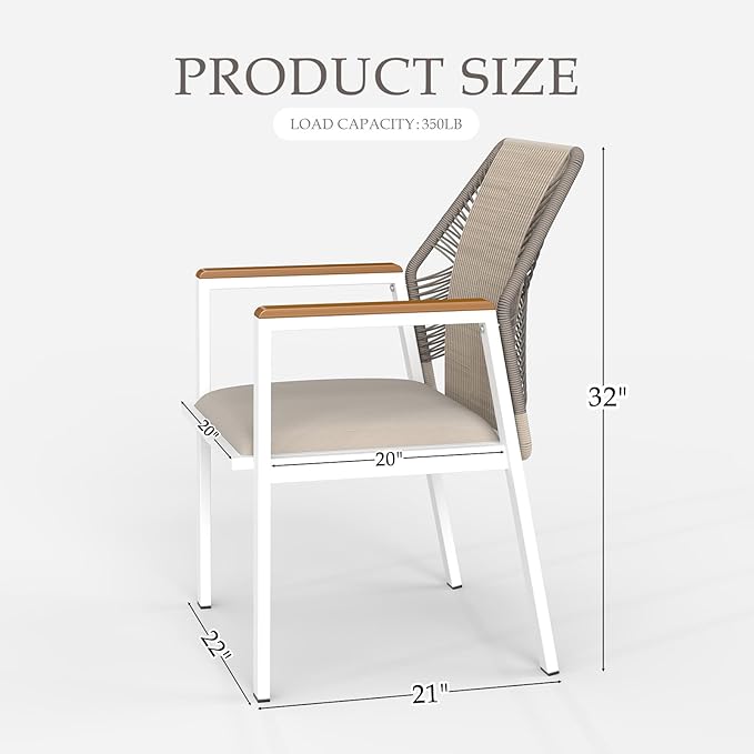 Aluminum Outdoor Patio Dining Chairs - Imitation Rope Vine Chair Ergonomic Backrest Design Detachable Seat Cushion Soft and Breathable Garden Porch White Set of 4