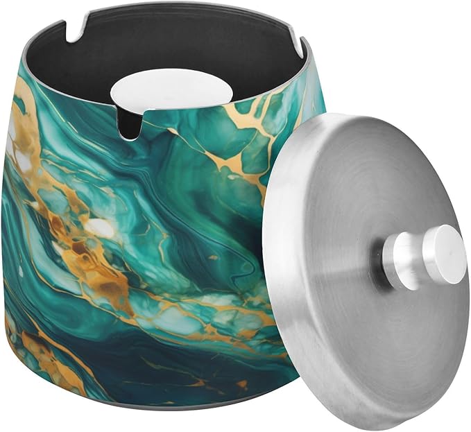 Green Gold Marble Textures Ashtray with Lid, Outdoor Ashtrays for Patio, Stainless Steel Ashtray Odorless Smokeless for Home Office Balcony