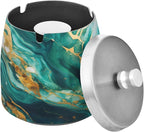 Green Gold Marble Textures Ashtray with Lid, Outdoor Ashtrays for Patio, Stainless Steel Ashtray Odorless Smokeless for Home Office Balcony