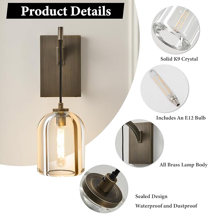 Crystal Brass Hemisphere Wall Sconce - Luxury Antique Brushed Lighting Fixture with K9 Crystals Cloche - Modern Gold Sconces - Dimmable Indoor Hanging Light for Bathroom Living Room Stair