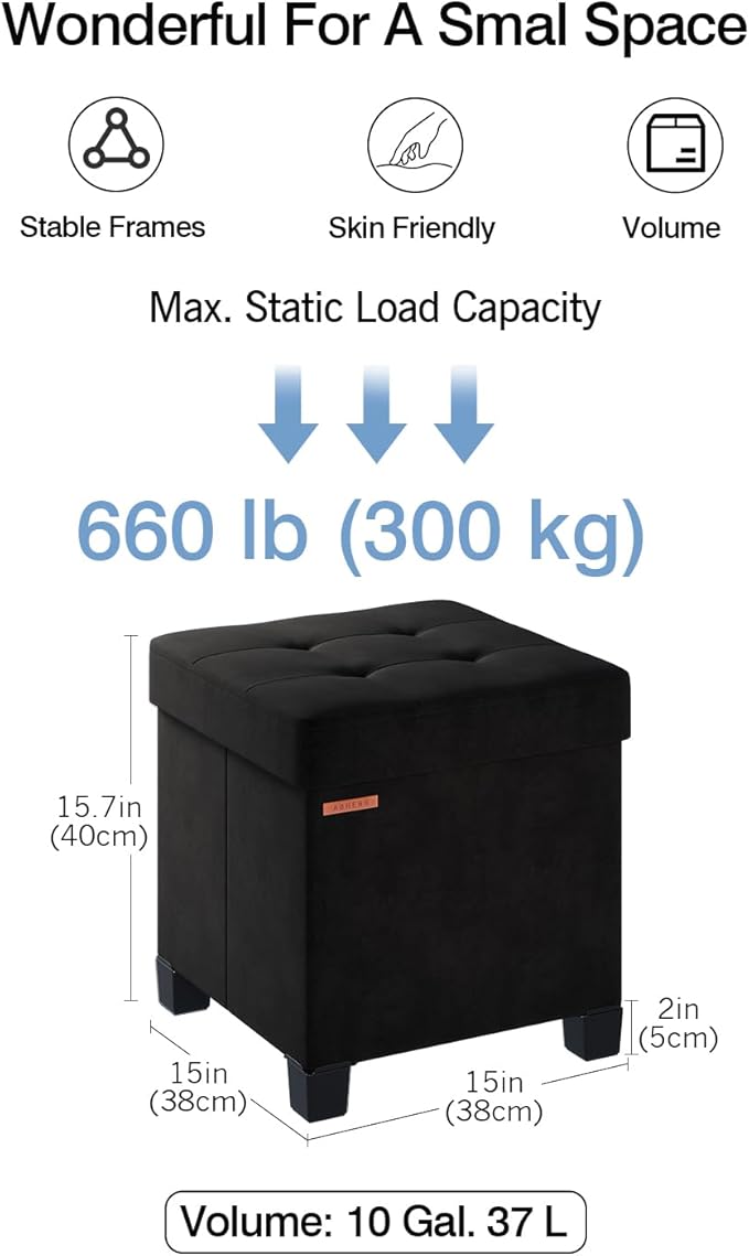 Cube Storage Ottoman, Velvet Foot Stool with Feet, Folding Storage Bench, End of Bed Bench, Storage Chest, for Living Room, Bedroom and Office, 15 x 15 x 15.7 Inches, Ink Black, ASND22B
