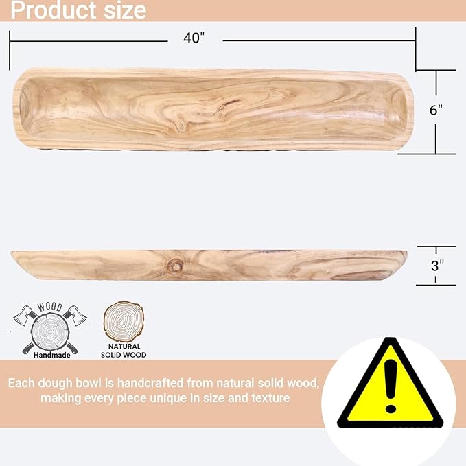 Athaliah Wooden Dough Bowl, 40 Inch Hand Carved Rustic Long Wood Dough Bowls for Decor, Vintage Decorative dough bowl for Table Centerpiece Dining Room Home Kitchen Decor