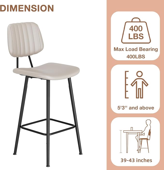 29-Inch Leather Bar Stools Set of 3, Counter Height Barstools with High Backrest，Bar Chairs for Kitchen Island with Heavy Duty Metal Legs, Beige