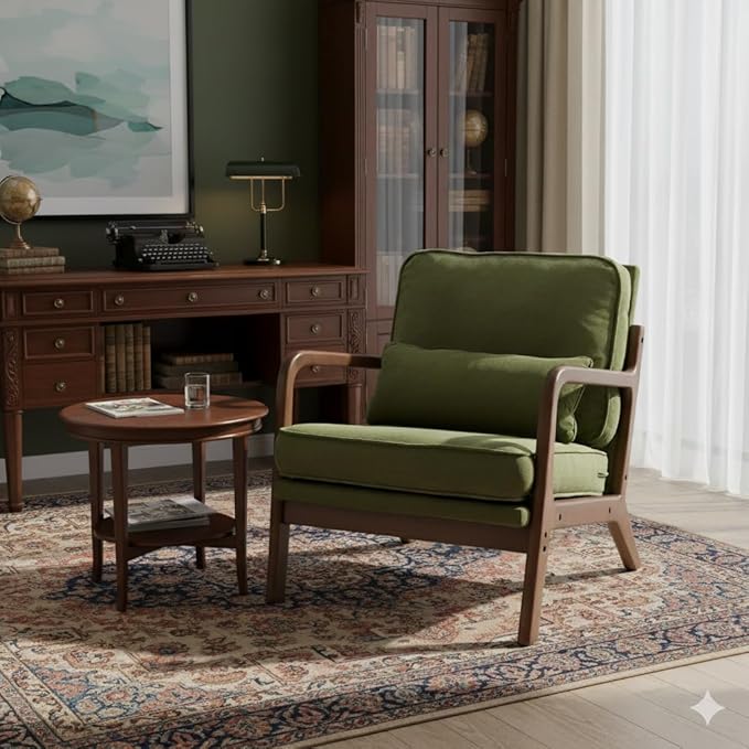 Simple Deluxe Mid-Century Modern Wood Accent Chair & Cozy Reading Chair, Upholstered Living Room Chair with Waist Cushion, Solid Wood Chair with Pillow for Bedroom, Green