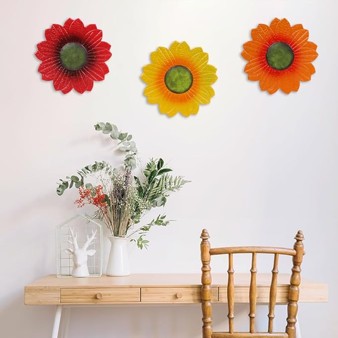 YEAHOME Sunflower Wall Decor - 9 inch Metal Flower Wall Art Decorations, Sunflower Yard Garden Decor Hanging for Kitchen, Bathroom, Bedroom,Handmade Gift for Home, Indoor or Outdoor (Set of 3)