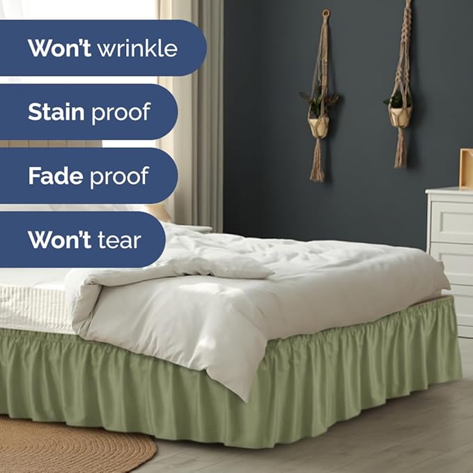 Wrap Around Dust Ruffle Bed Skirt - Sage Green - for King Size Beds with 12 Inch Drop - Elastic Strap - Adjustable Pleated Bedskirt with Brushed Fabric and Wrinkle Free - for Women, Men, Kids & Teens