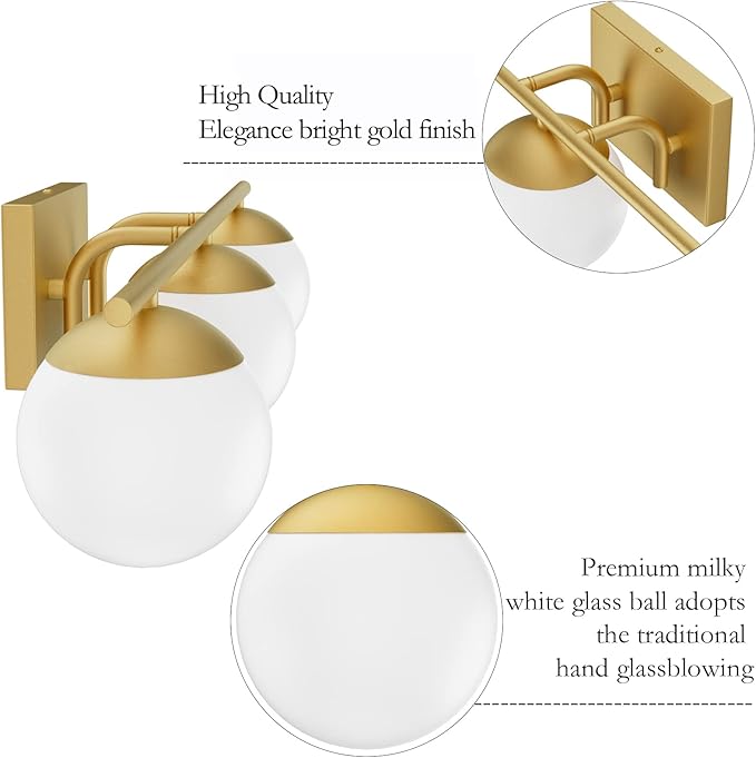 Ralbay Gold Vanity Lights - 3-Light Mid Century Modern Bathroom Wall Lights with Milky Glass Globe