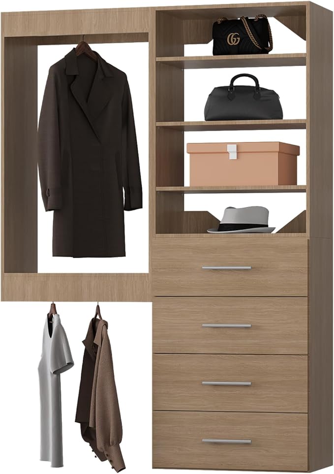 Modular Closet Organizer, 46" Wide Tower and Drawer Closet System, Wooden Wall Mounted Wardrobe Organizer for Bedroom