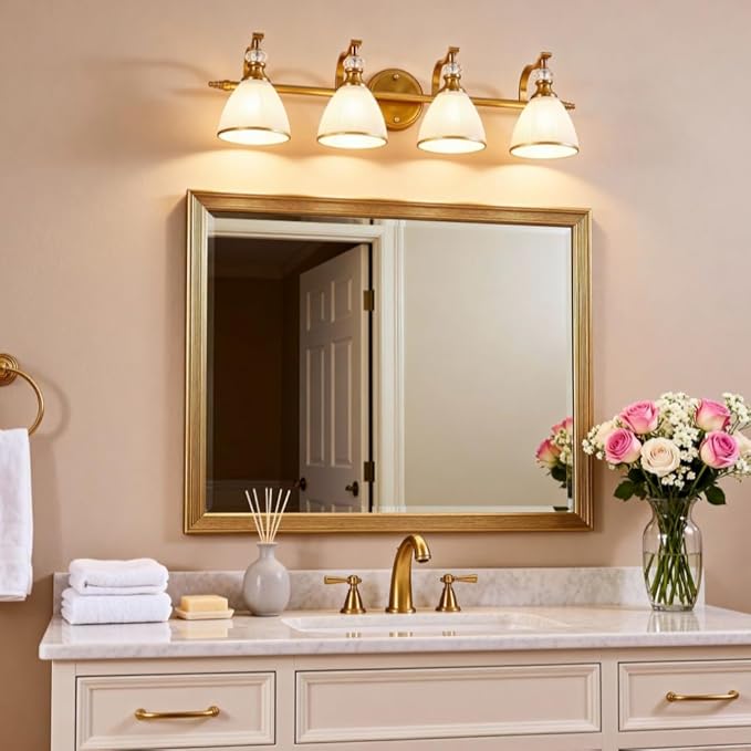 ANDY STAR Brushed Gold Vanity Light, 4-Light Bathroom Light Fixtures, Vintage Wall Lamp with Bell Shaped Frosted Lampshade, 27.8 Inch Bathroom Lighting Fixtures Over Mirror, (Bulbs Not Included)