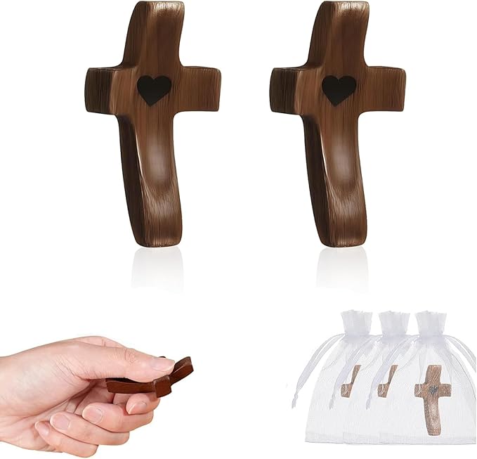 Brevynx 2 Pcs Pocket Wooden Cross Fidget - Cross My Heart with Organza Bags - Stress Relief Fidget for Christian, Religious Christian Easter Day