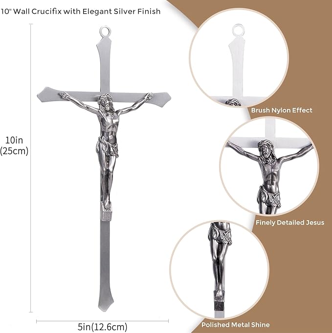 ACHIBANG 10" Metal Crucifix Wall Cross – Modern Catholic Silver Jesus Cross for Wall Decor, Christian Symbol of Faith