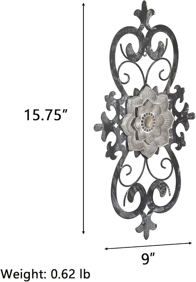 Metal Flowers Wall Art, 15.75” x 9” Metal Scroll Floral Wall Decor, Hanging Wall Sculpture with Wooden Bohemian Flower, Iron Wall Decoration for Living Room Kitchen, Outside Wall Decor for Garden