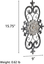 Metal Flowers Wall Art, 15.75” x 9” Metal Scroll Floral Wall Decor, Hanging Wall Sculpture with Wooden Bohemian Flower, Iron Wall Decoration for Living Room Kitchen, Outside Wall Decor for Garden