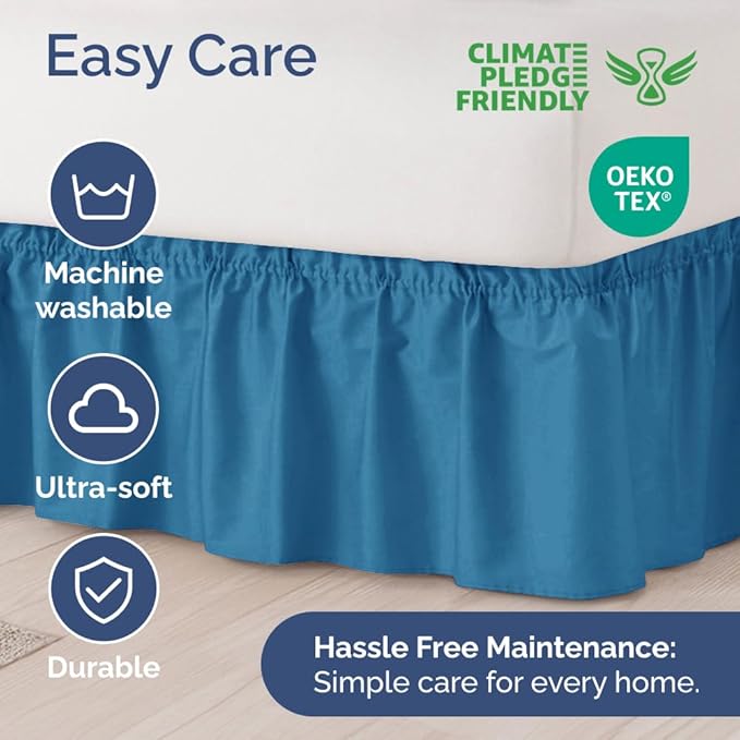 Wrap Around Dust Ruffle Bed Skirt - Denim Blue - for King Size Beds with 24 Inch Drop - Elastic Strap - Adjustable Pleated Bedskirt with Brushed Fabric and Wrinkle Free - for Women, Men, Kids & Teens