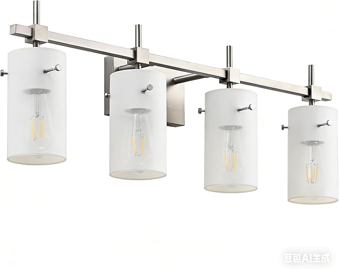 SOLFART 4 Light Bathroom Vanity Lights Over Mirror, Vintage Bathroom Lighting Brushed Nickel Wall Sconce with Milky White Glass Shade