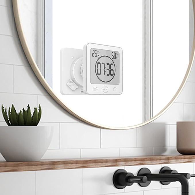 BALDR Digital Bathroom Clocks - 2 Pack Water-Resistant Shower Clock with Timer - Large LCD Display Digital Clock for Shower with Timer, Temperature and Humidity, Wall Clock for Bathroom, White
