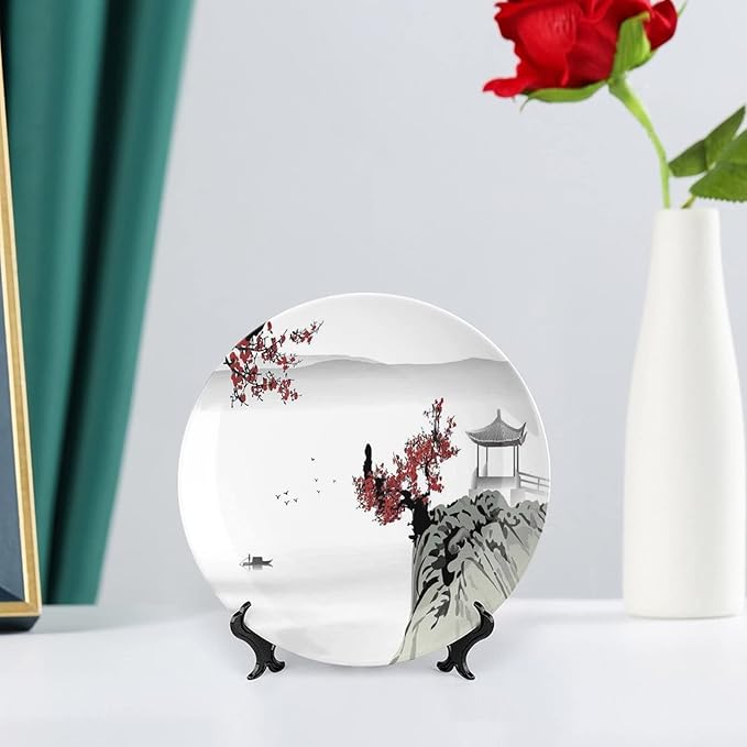 Ceramic Plates, Asian Decor Decorative Ceramic Plates, River Scenery with Cherry Blossoms and Boat Mystical, 6 Inch, for Dining, Parties, Wedding, Grey Red