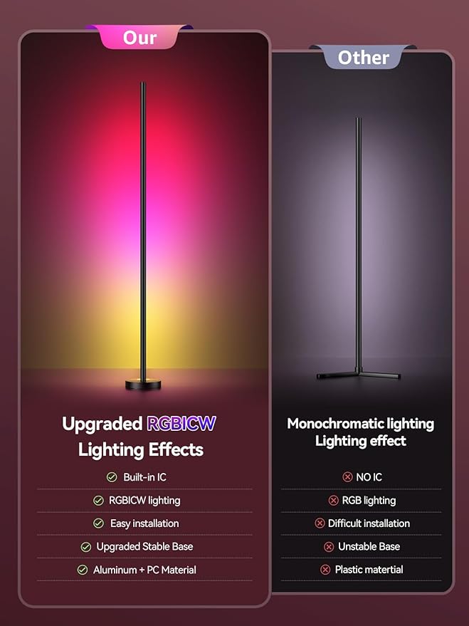 Smart RGBICW LED Corner Floor Lamp 2 Pack - 16 Million DIY Colors, 68+ Scenes, Music Sync, App & Remote Control, Color-Changing Ambient Lighting for Living Rooms, Bedrooms, and Gaming Rooms